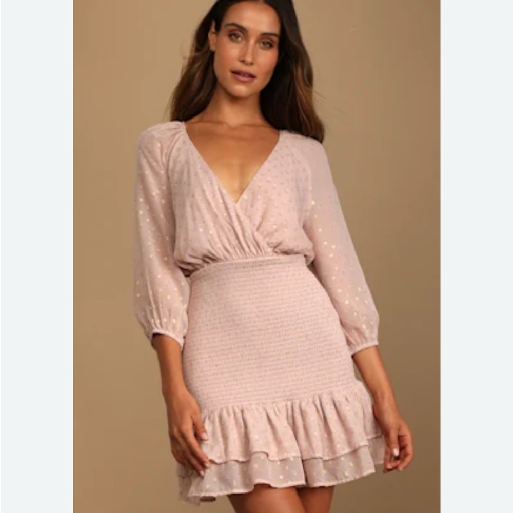 Lulu’s Medium All the Cheers Pink Gold Dots Smocked Mini Dress ~ Party Fairy